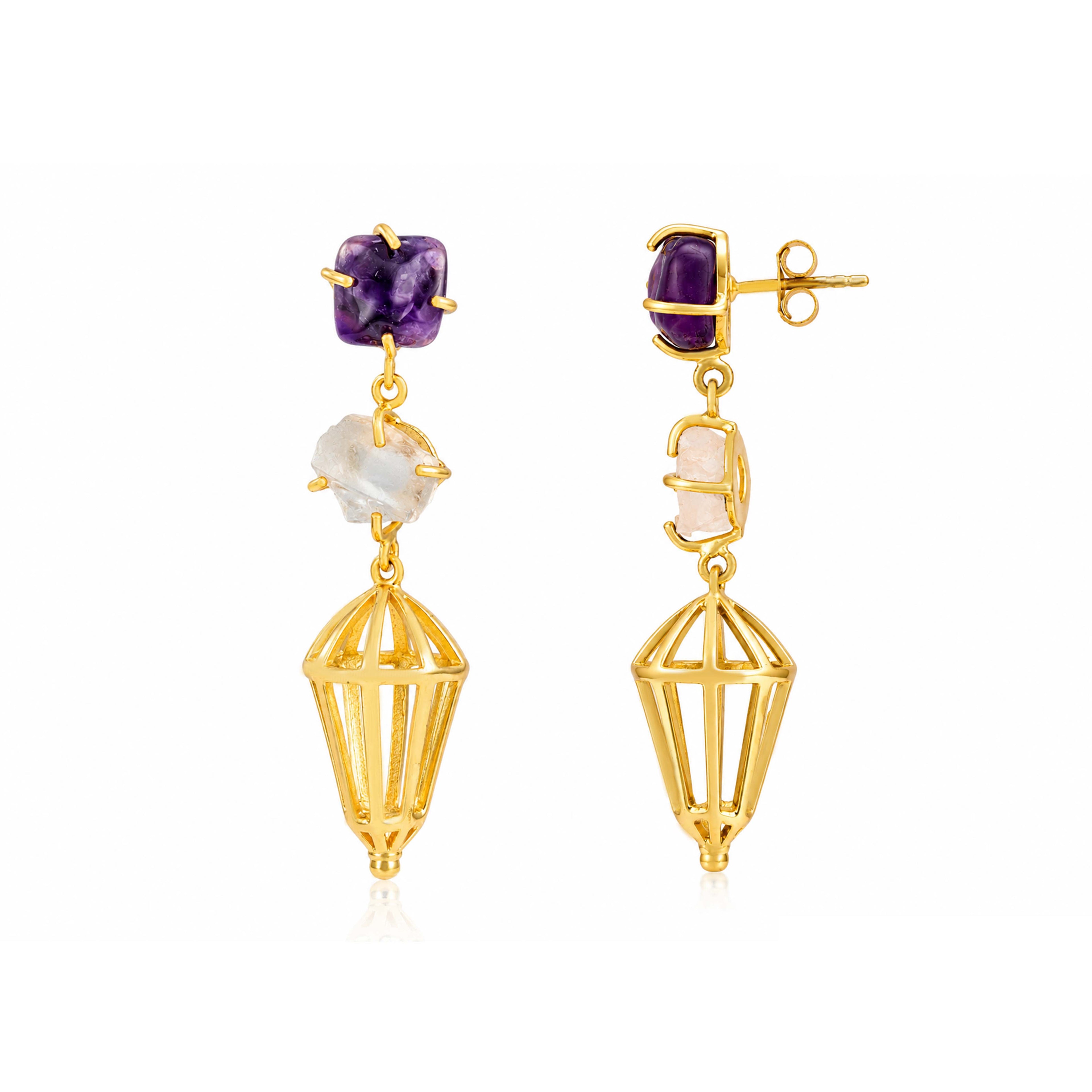 Purple Quartz 925 Sterling Silver Caged Drop Earrings
