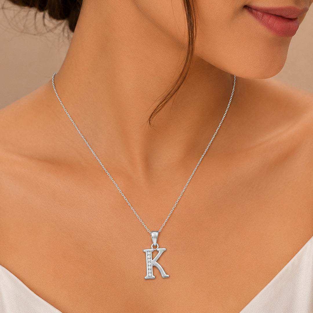 Radiant Crystal Initial K 925 Sterling Silver Pendant