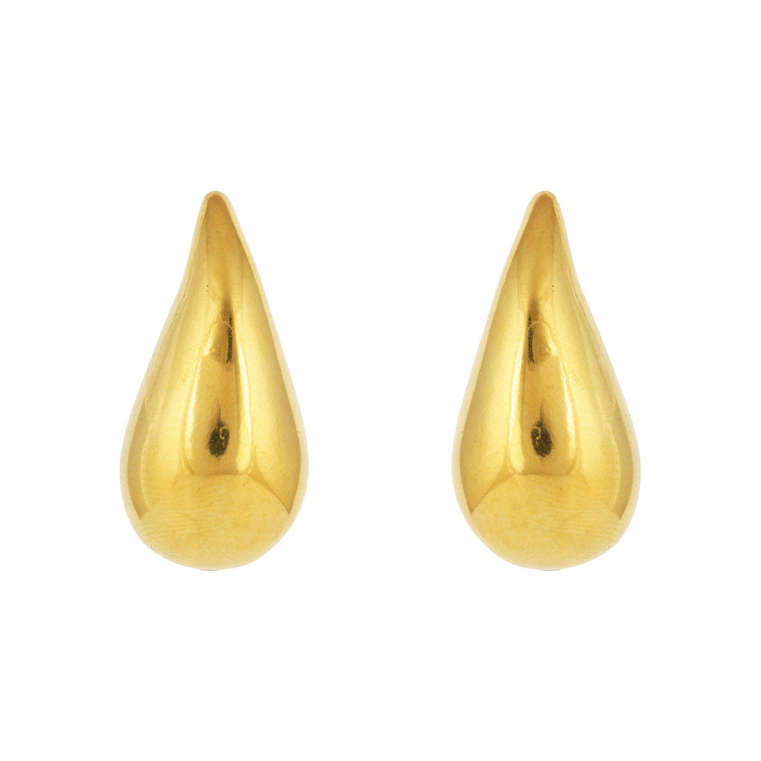 Gold teardrop-shaped earrings on a white background