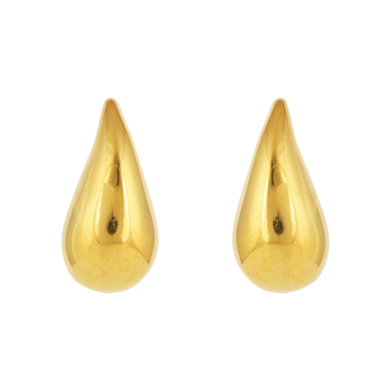 Gold teardrop-shaped earrings on a white background