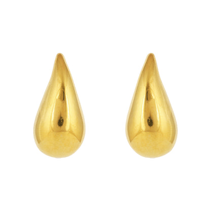 Gold teardrop-shaped earrings on a white background