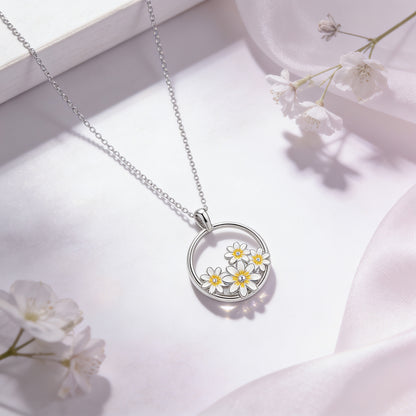 Radiant Floral Circle 925 Sterling Silver Chain Pendant for Women