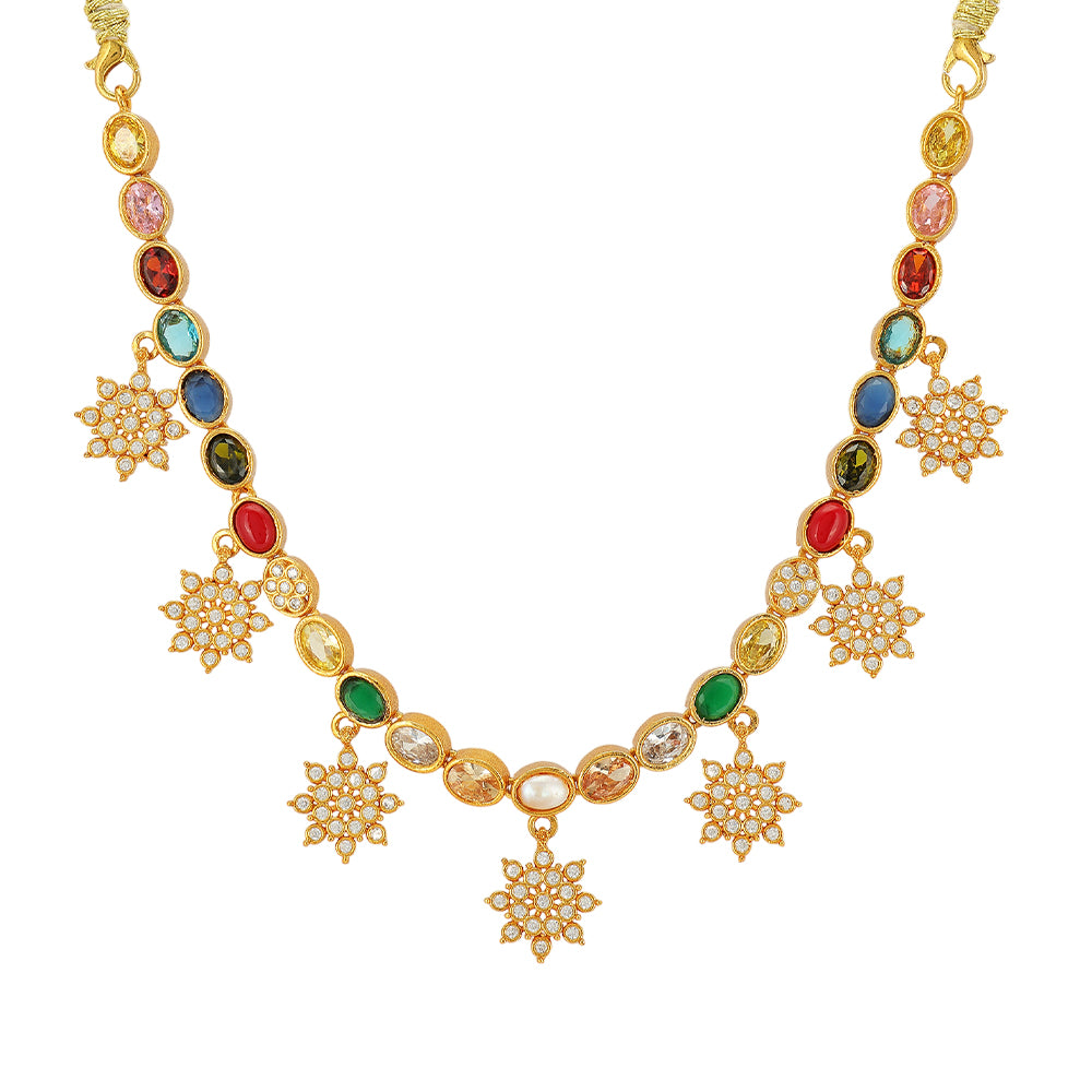 Radiant Navaratna Stone 925 Gold Plated Floral Charm Drop Necklace