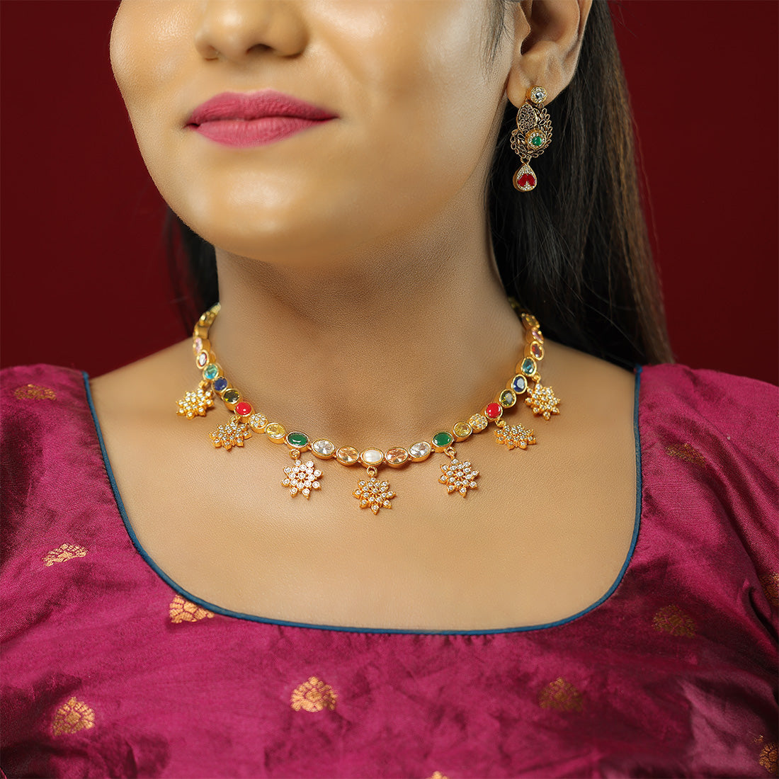 Radiant Navaratna Stone 925 Gold Plated Floral Charm Drop Necklace