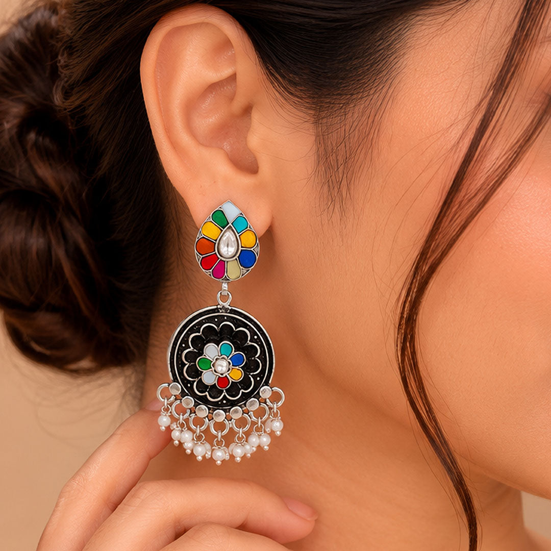 Rainbow Peacock Bloom 925 Sterling Silver Statement Earrings