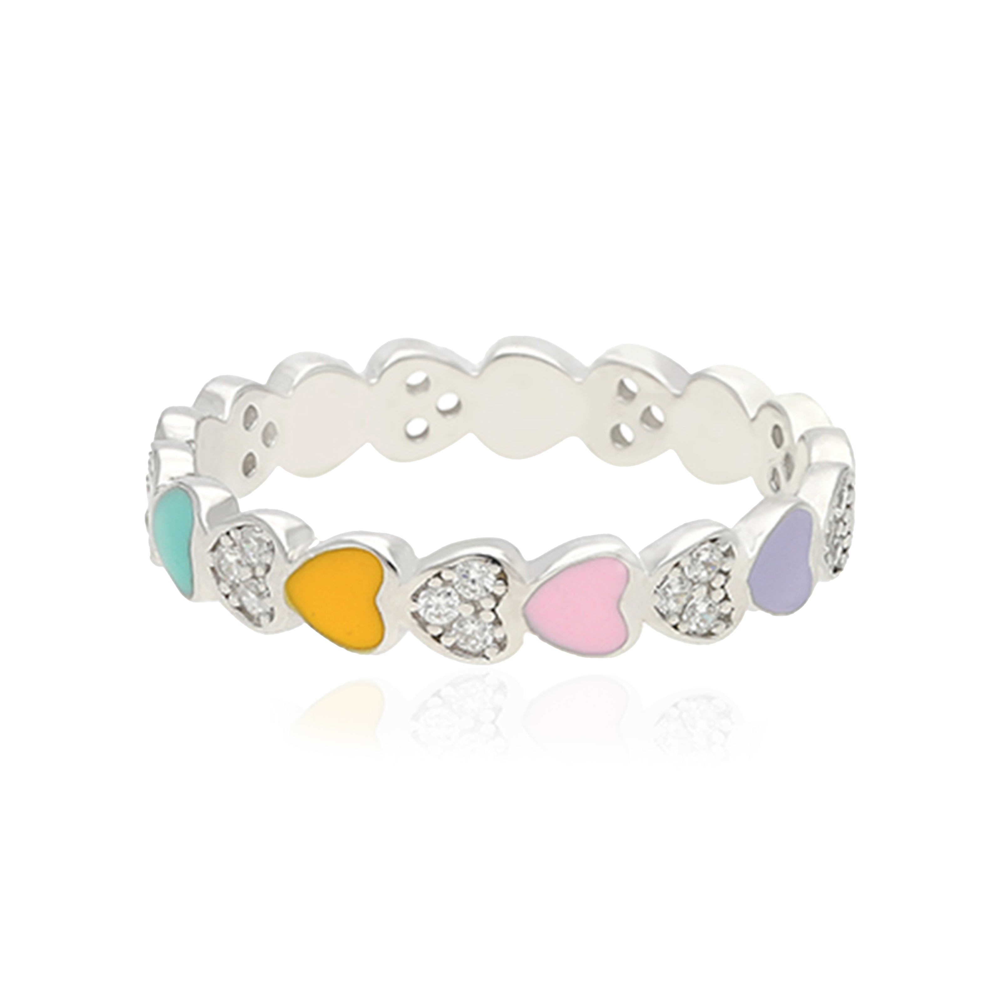 Rainbow Love Rhodium Plated Connected Hearts Ring