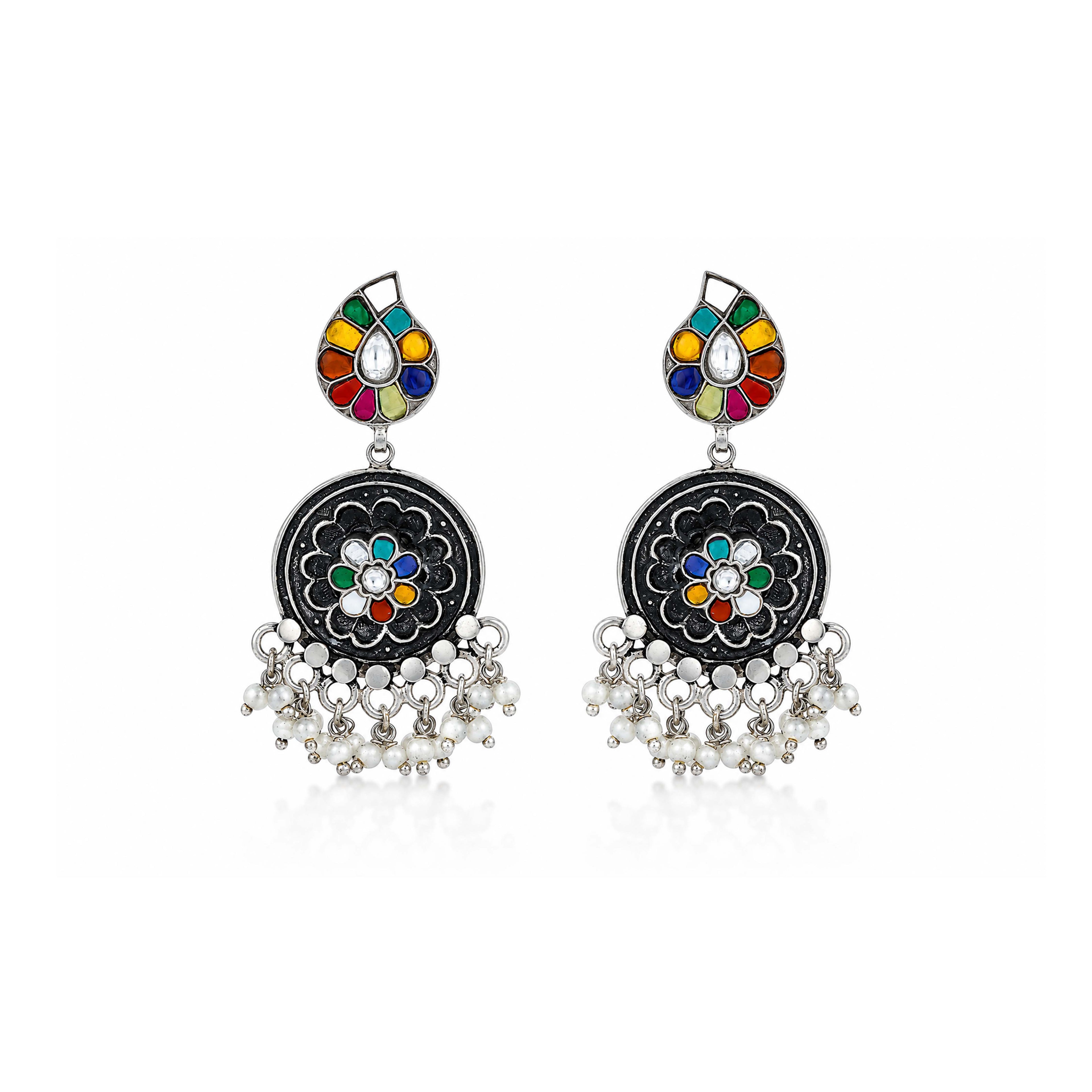 Rainbow Peacock Bloom 925 Sterling Silver Statement Earrings