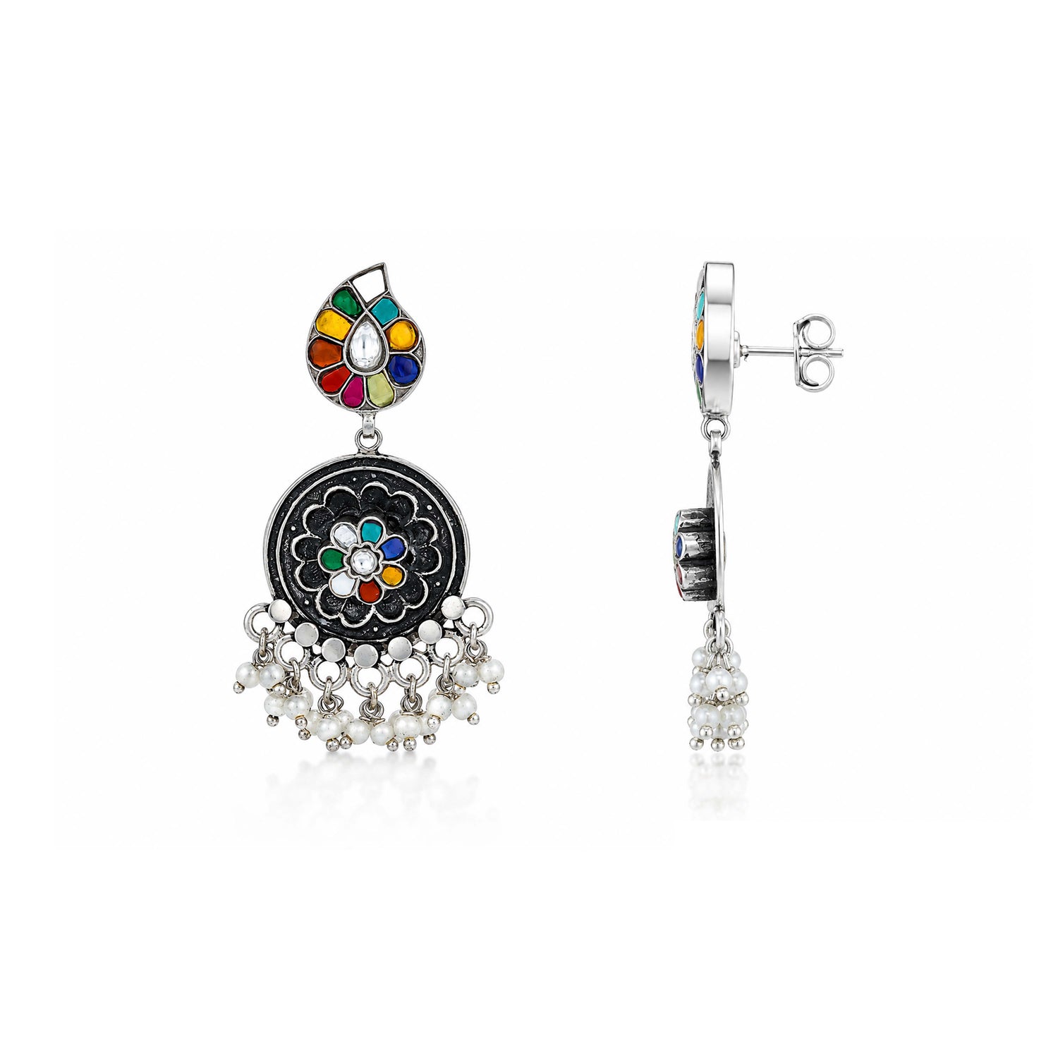 Rainbow Peacock Bloom 925 Sterling Silver Statement Earrings