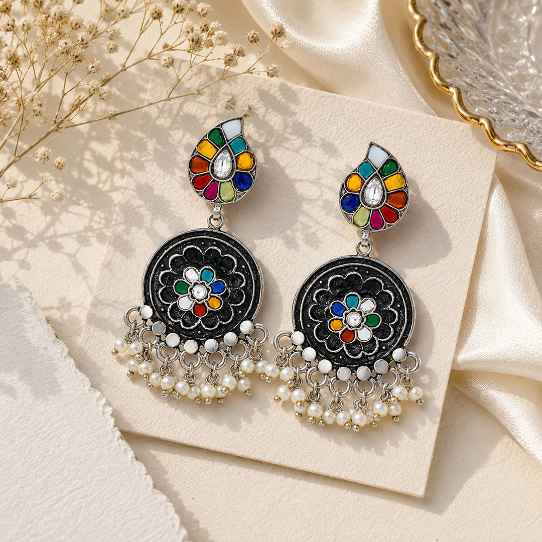 Rainbow Peacock Bloom 925 Sterling Silver Statement Earrings