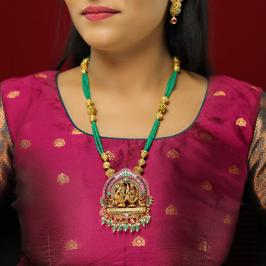 Ram Sita Golden Adornments Pendant 925 Green Beads Haram