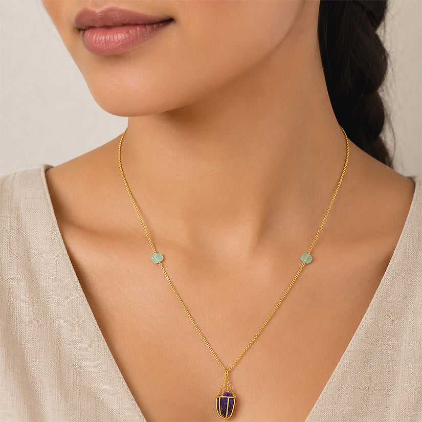 Raw Amethyst Cage Necklace Silver Pendant Chain