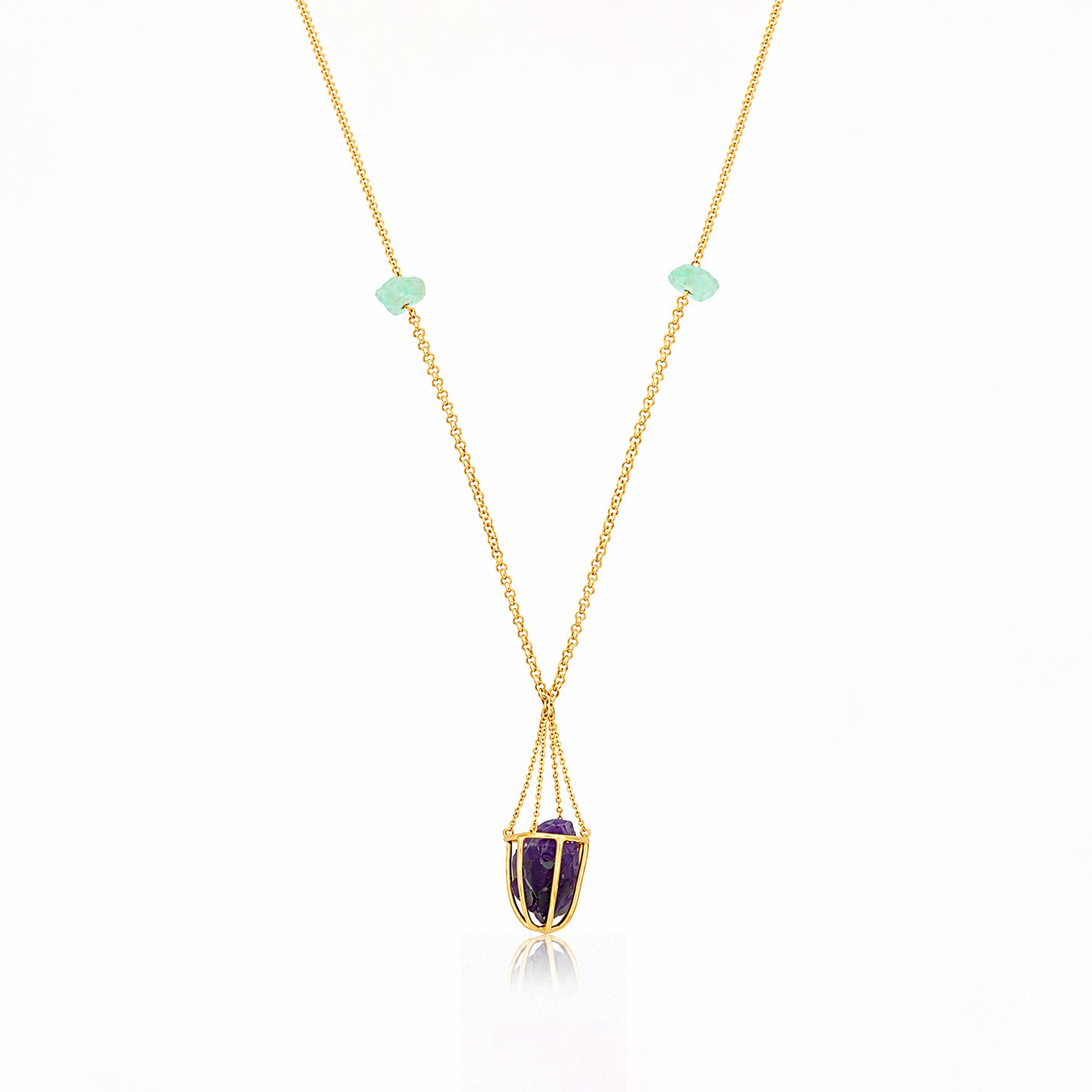 Raw Amethyst Cage Necklace Silver Pendant Chain