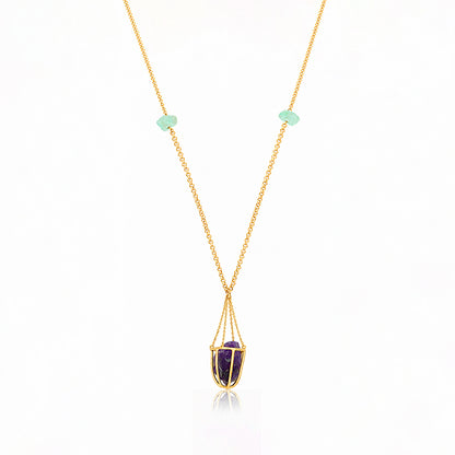 Raw Amethyst Cage Necklace Silver Pendant Chain