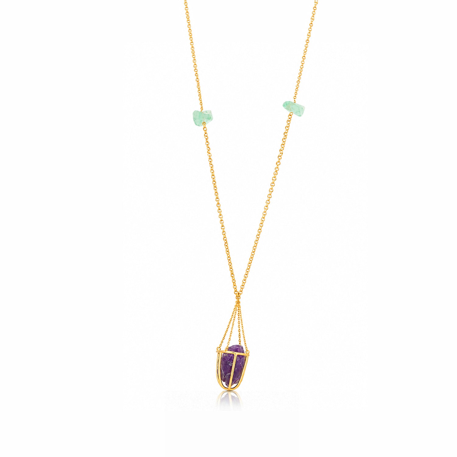 Raw Amethyst Cage Necklace Silver Pendant Chain