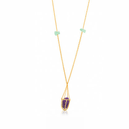 Raw Amethyst Cage Necklace Silver Pendant Chain
