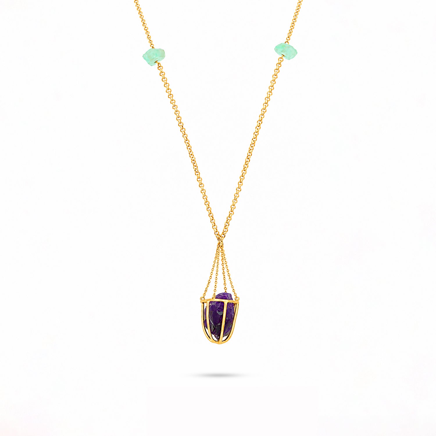 Raw Amethyst Cage Necklace Silver Pendant Chain