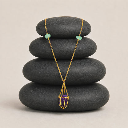 Raw Amethyst Cage Necklace Silver Pendant Chain