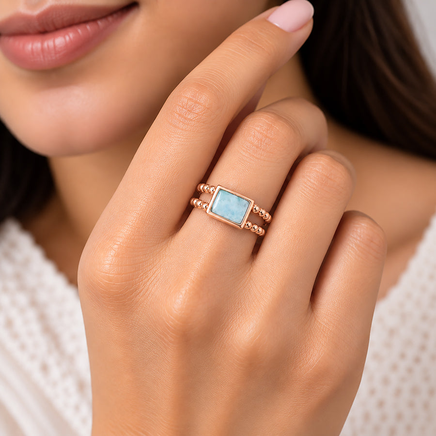 Rectangular Aqua Stone Double Beaded 925 Sterling Silver Ring for Women