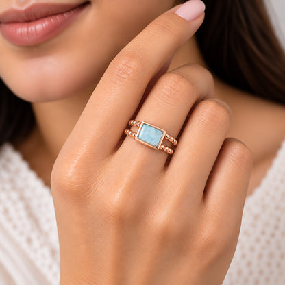 Rectangular Aqua Stone Double Beaded 925 Sterling Silver Ring for Women