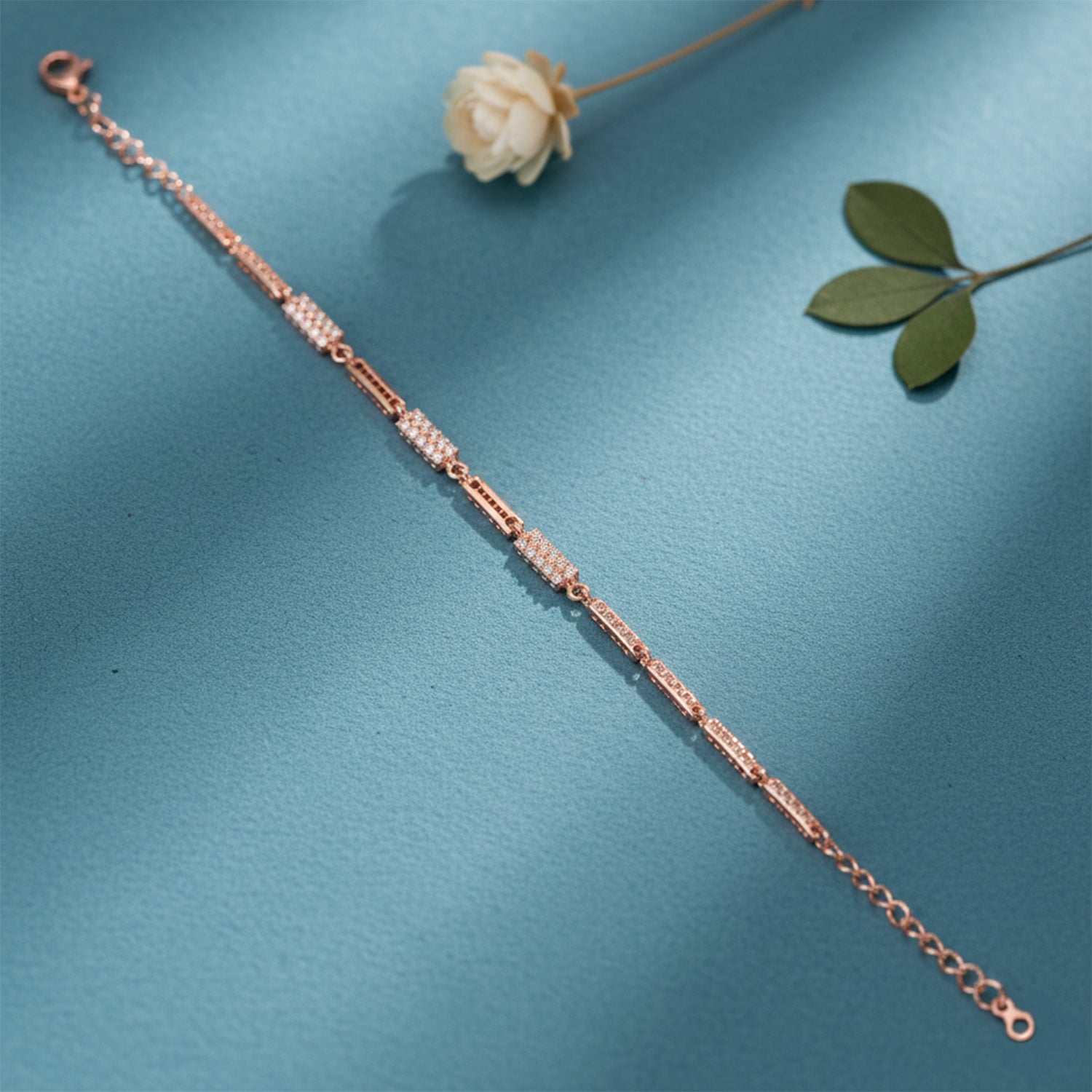 Rectangular Pav Link Rose Gold Silver Bracelet