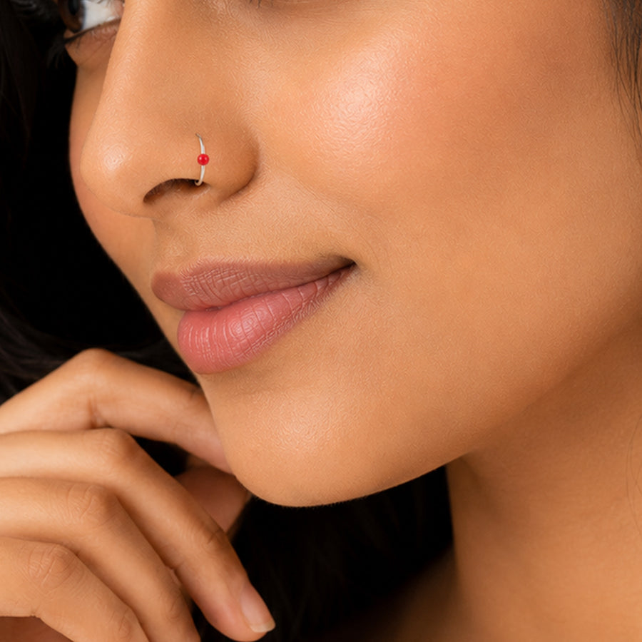 Red Bead Silver Nose Hoop Ring