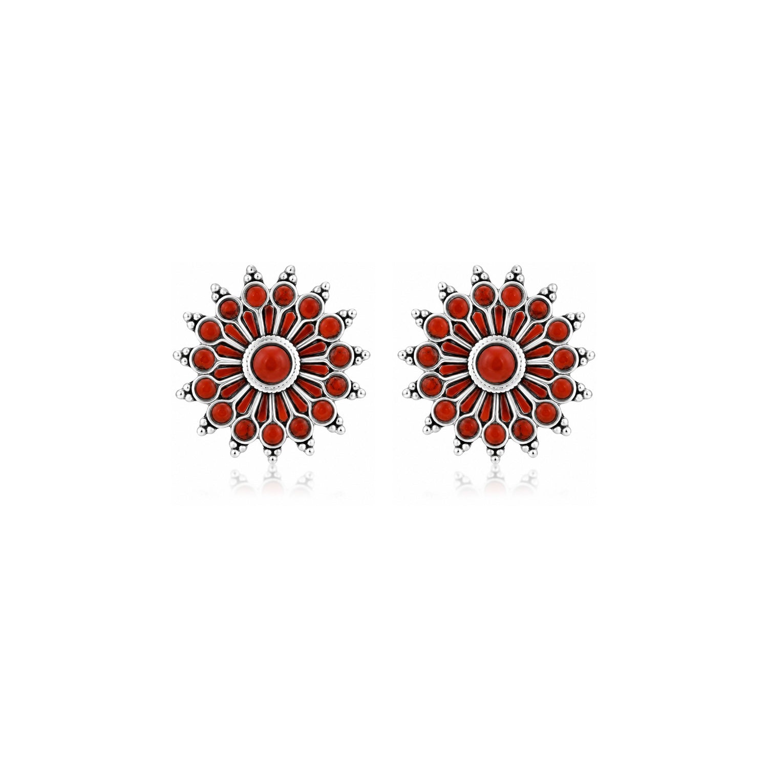 Red Stone Oxidized Silver Sunburst Stud Earrings 