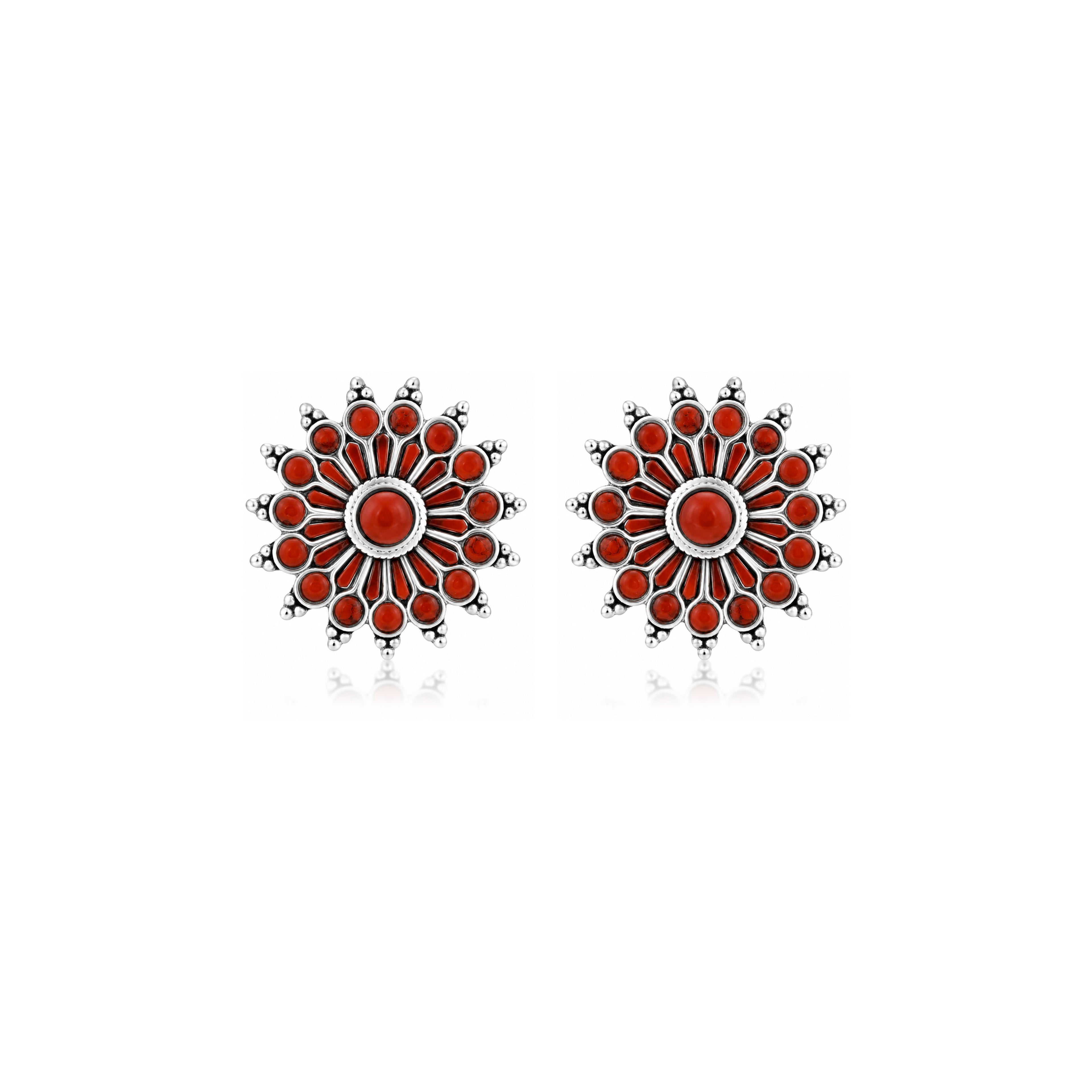Red Stone Oxidized Silver Sunburst Stud Earrings 