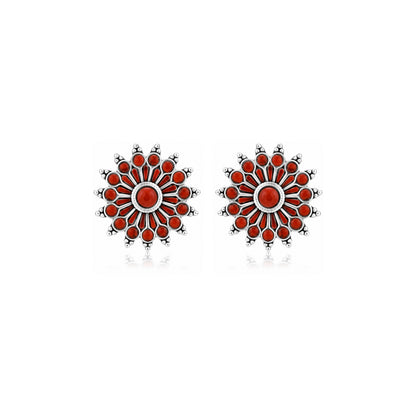 Red Stone Oxidized Silver Sunburst Stud Earrings 