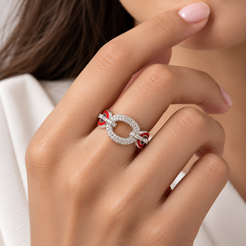 Red Accent Link Brilliance 925 Sterling Silver Ring for women
