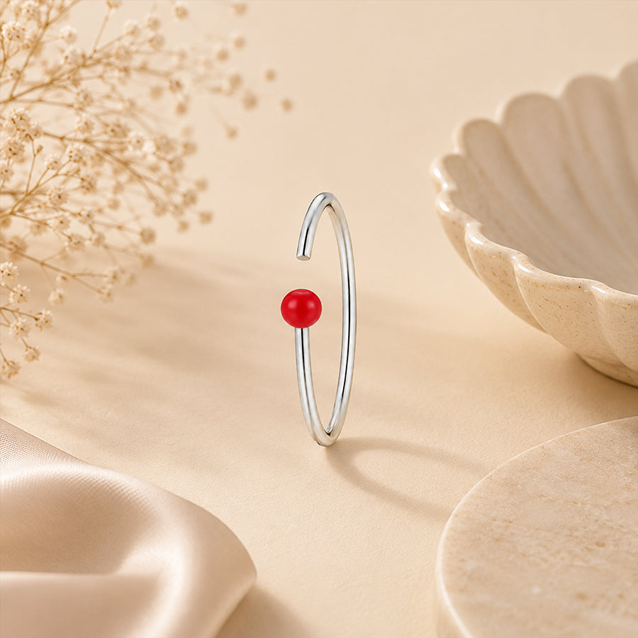 Red Bead Silver Nose Hoop Ring