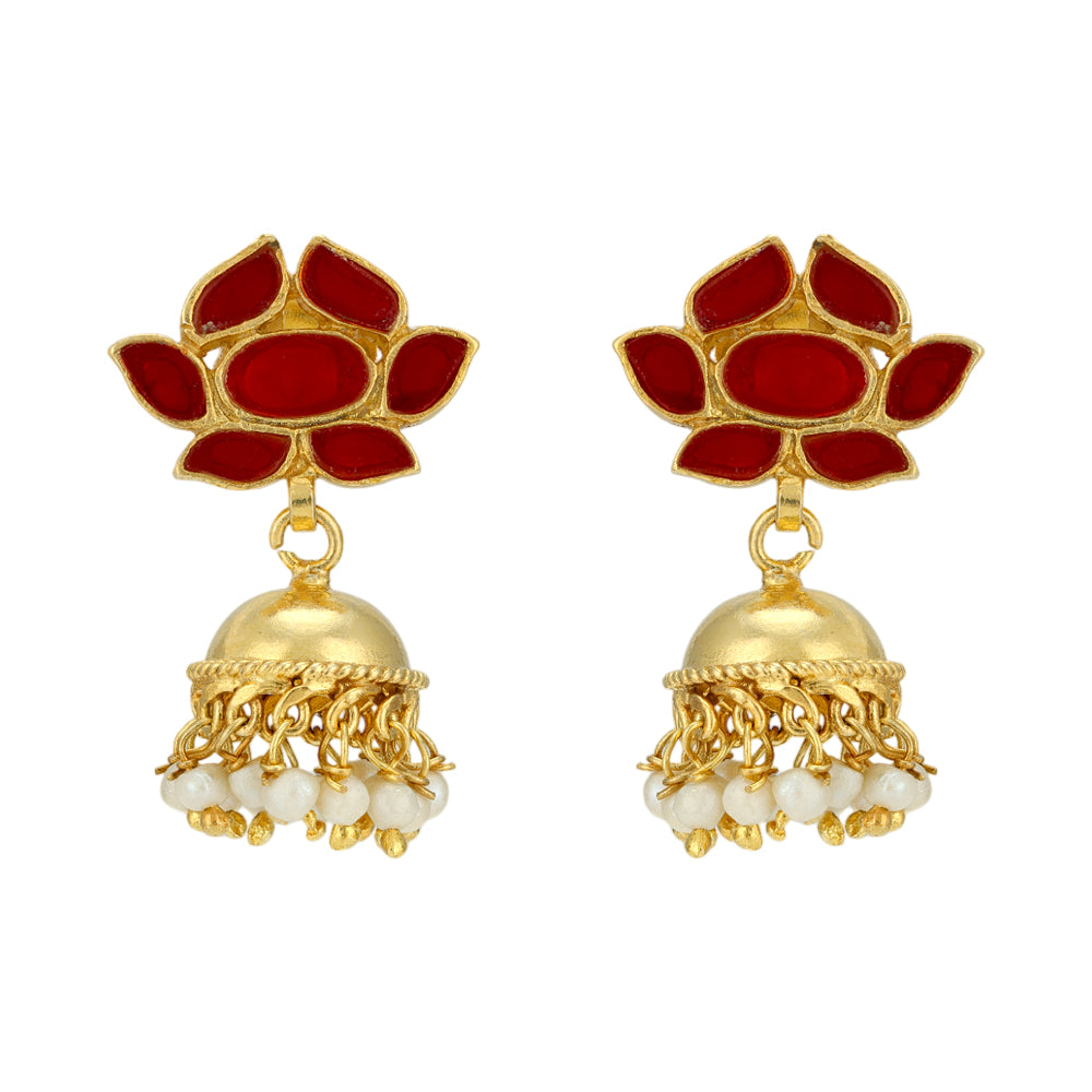 Red Bloom 925 Gold Plated Pearl Drop Jhumka Earrings