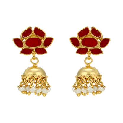 Red Bloom 925 Gold Plated Pearl Drop Jhumka Earrings
