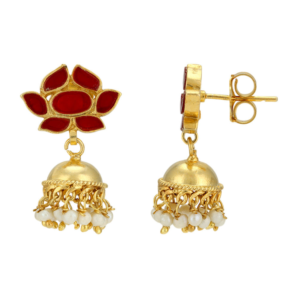 Red Bloom 925 Gold Plated Pearl Drop Jhumka Earrings