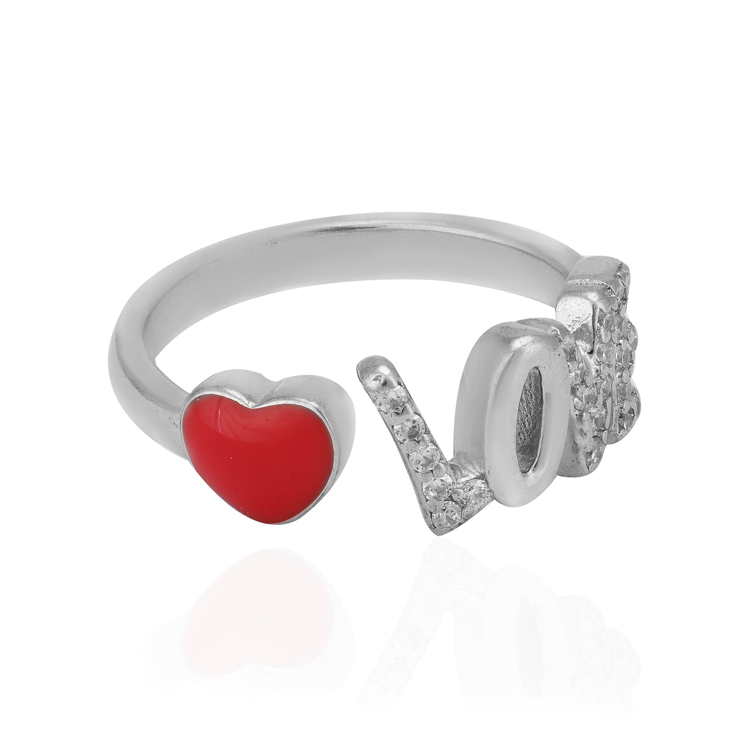 Red Enamel Heart 925 Rhodium Love Rings