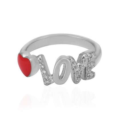 Red Enamel Heart Rhodium Plated Love Rings