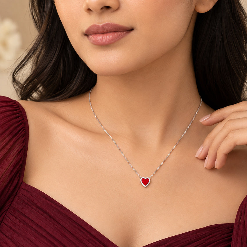 Red Enamel Heart Silver Chain Pendant