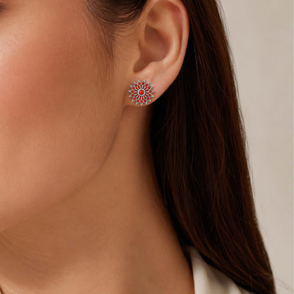 Red Stone Oxidized Silver Sunburst Stud Earrings 