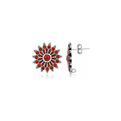 Red Stone Oxidized Silver Sunburst Stud Earrings 