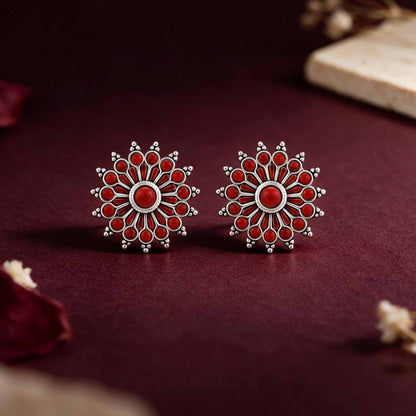Red Stone Oxidized Silver Sunburst Stud Earrings 