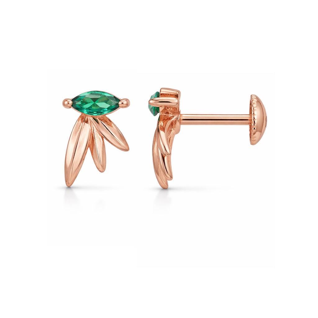 Rose gold earrings with green gemstones on a white background