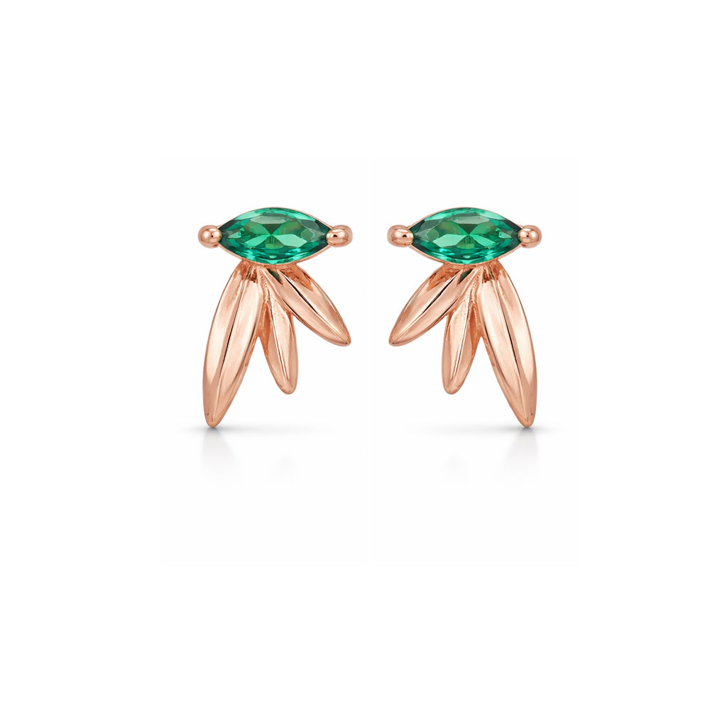 Pair of rose gold earrings with green gemstones on a white background