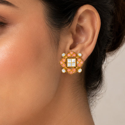 Regal Blush 925 Sterling Silver Golden Floral Pearl Stud