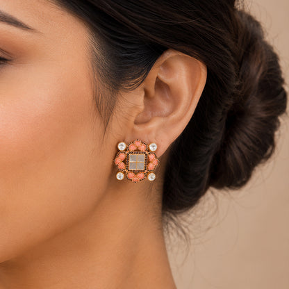 Regal Blush 925 Sterling Silver Golden Floral Pearl Studs