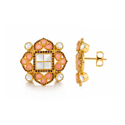 Regal Blush 925 Sterling Silver Golden Floral Pearl Stud