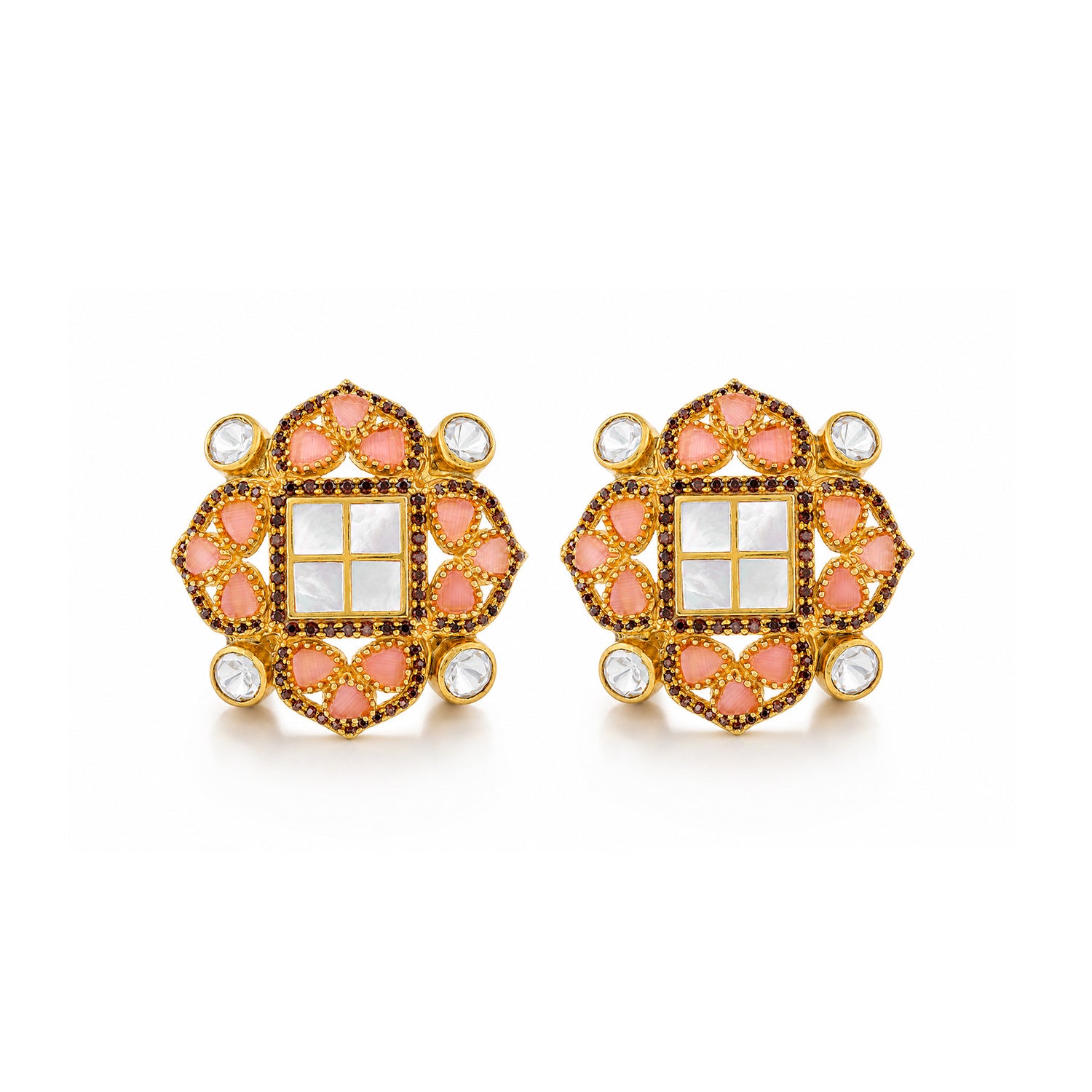 Regal Blush 925 Sterling Silver Golden Floral Pearl Stud