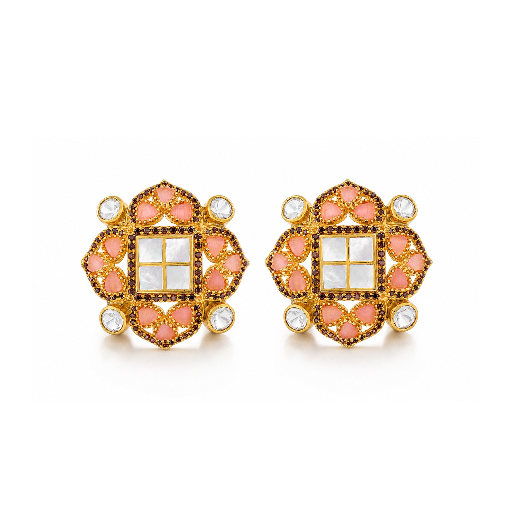 Regal Blush 925 Sterling Silver Golden Floral Pearl Stud