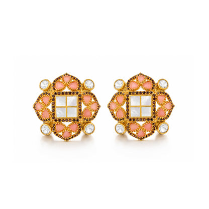 Regal Blush 925 Sterling Silver Golden Floral Pearl Stud
