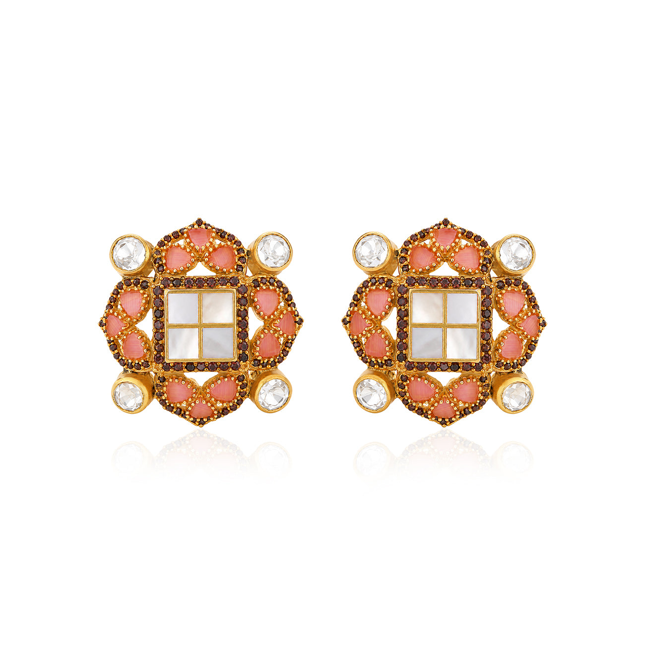 Regal Blush 925 Sterling Silver Golden Floral Pearl Studs