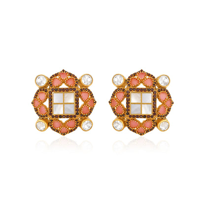 Regal Blush 925 Sterling Silver Golden Floral Pearl Studs