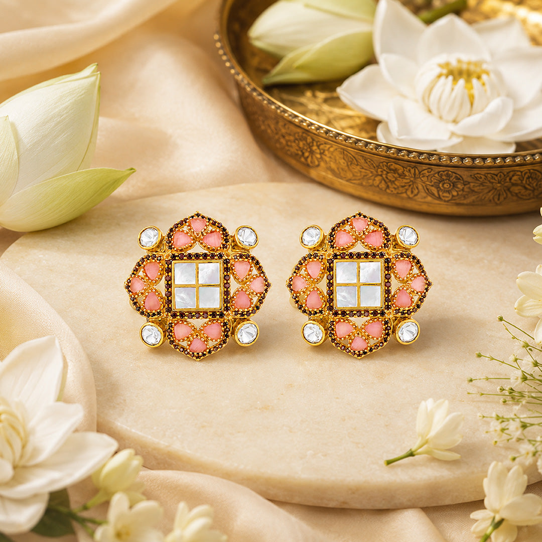 Regal Blush 925 Sterling Silver Golden Floral Pearl Stud